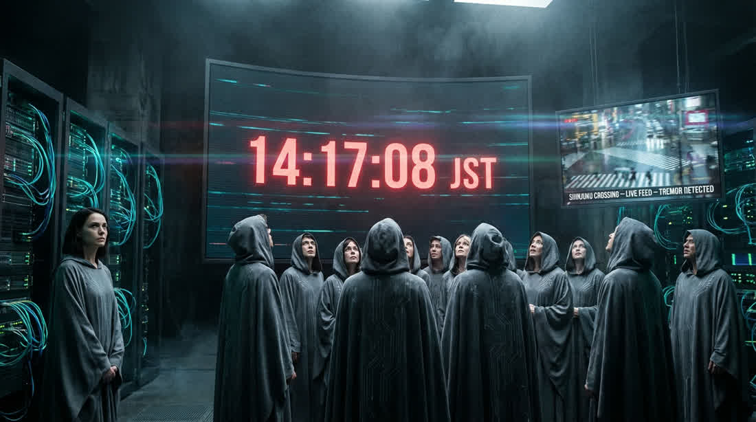 Hooded figures watching a red countdown clock that reads 14:17:08 JST.