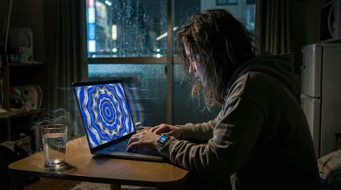 A figure at a laptop in a dark apartment, a spinning mandala on the screen.