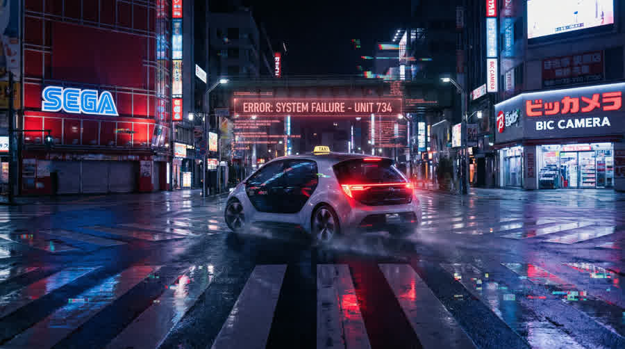 An autonomous taxi on a wet Tokyo crossing beneath a system-failure sign.
