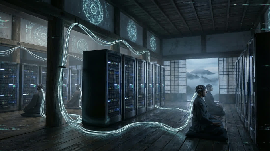 Monks meditating among server racks in a wooden temple hall.